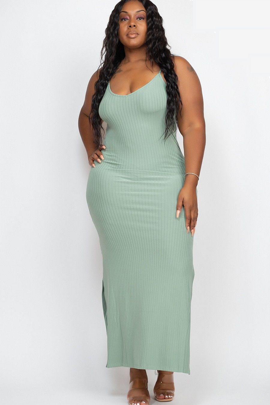 Ribbed long cami dress basil