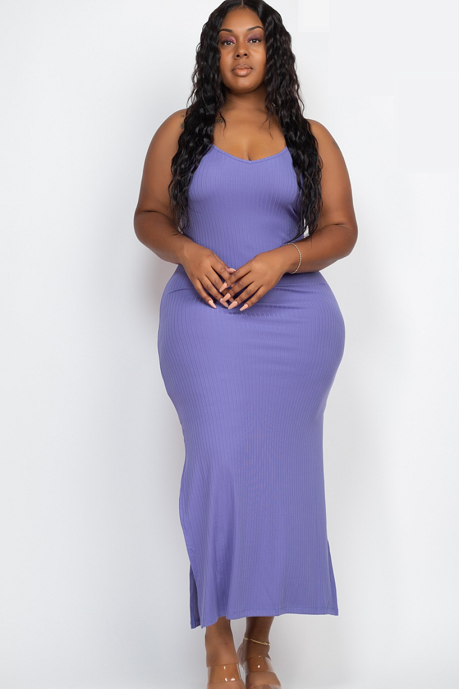 Ribbed long cami dress soft purple