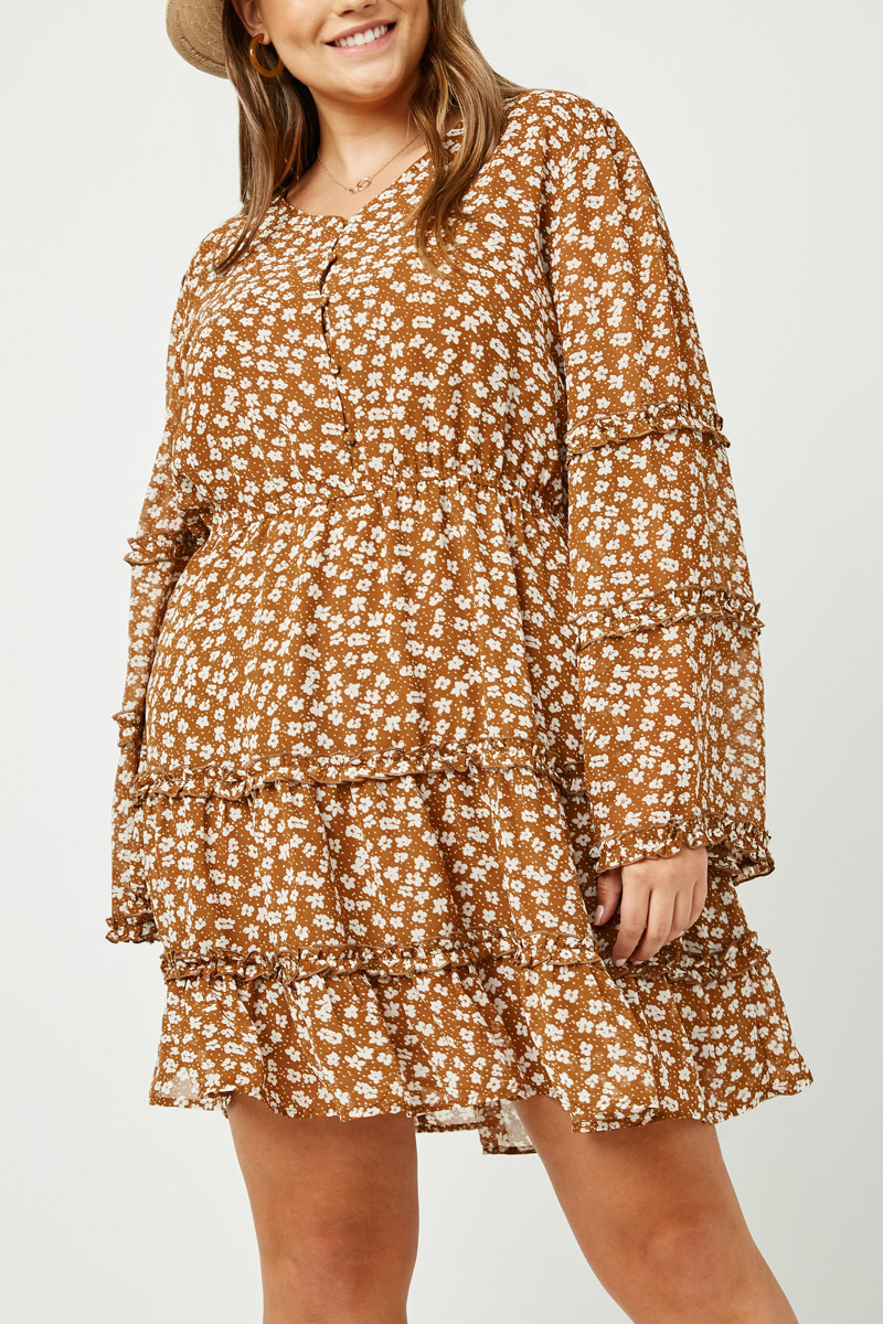 Ruffled Detail Floral Trumpet Sleeve Dress 1